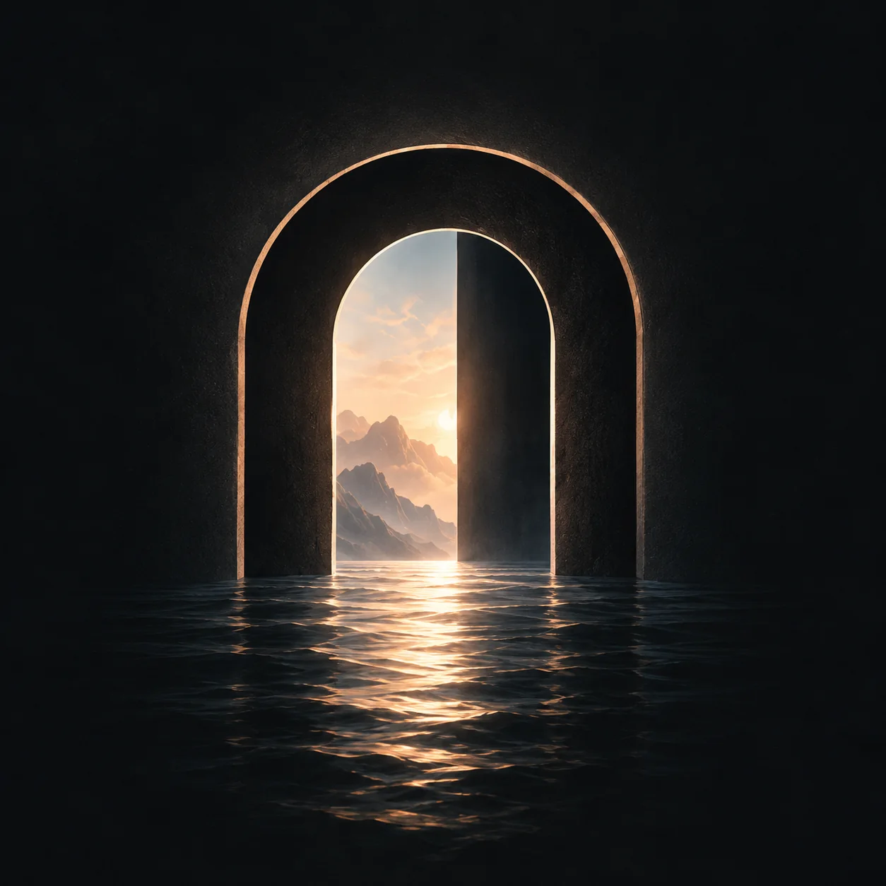 An illuminated arch opening onto an impossible mountain horizon above reflective water